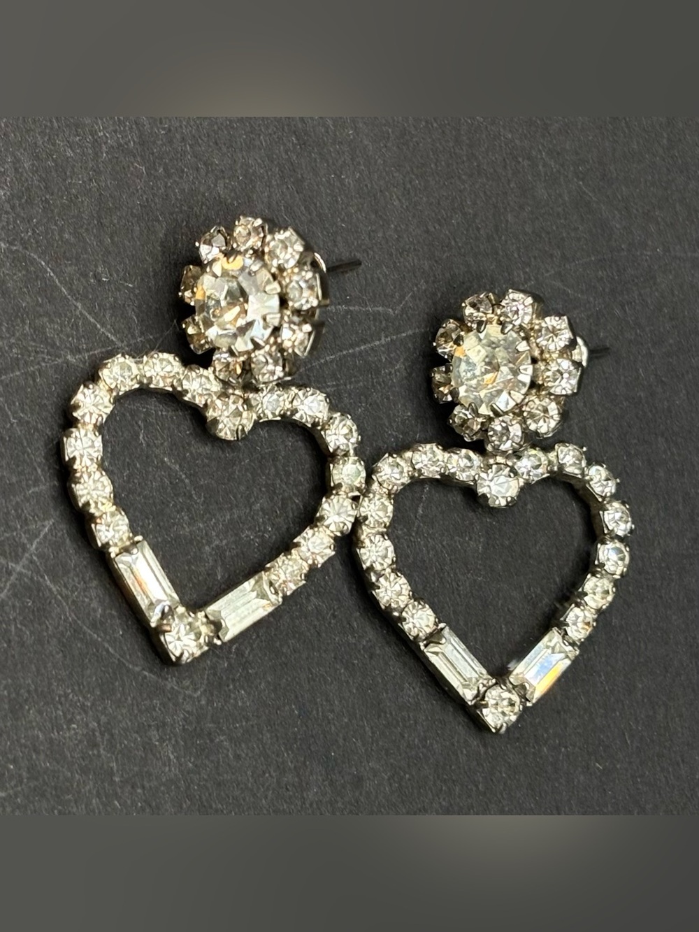 Vintage Rhinestone Heart Dangle Earrings Icy Blue UV Glow Crystal Bridal Drop